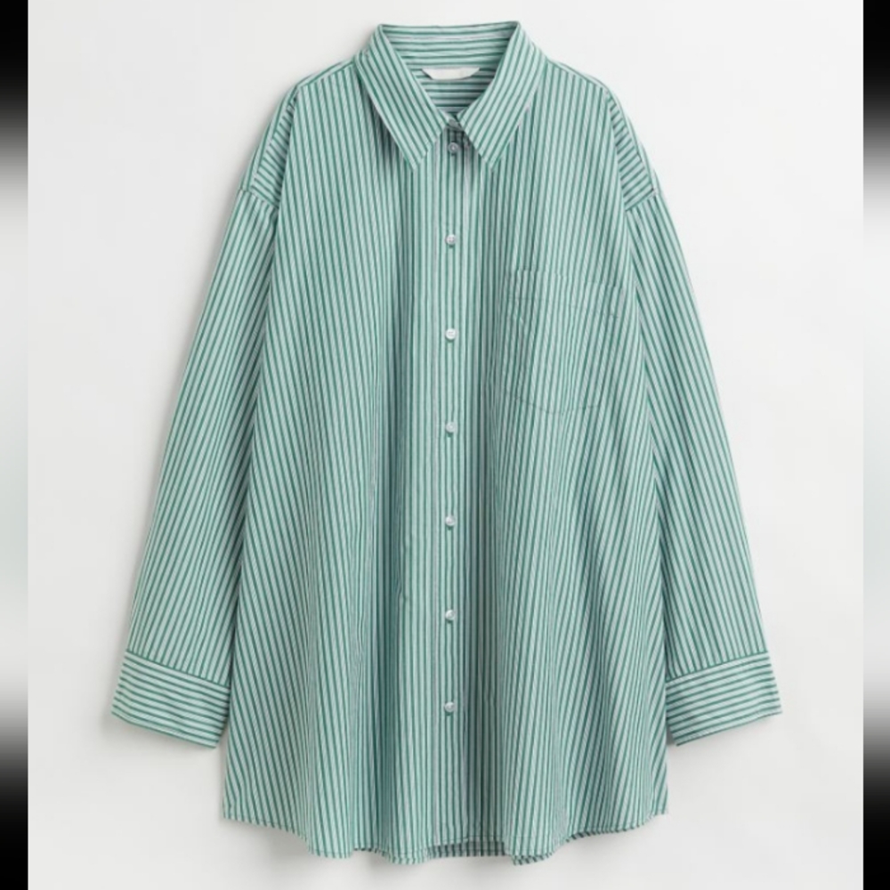 H&M Green Oversized Striped Button Down Shirt
